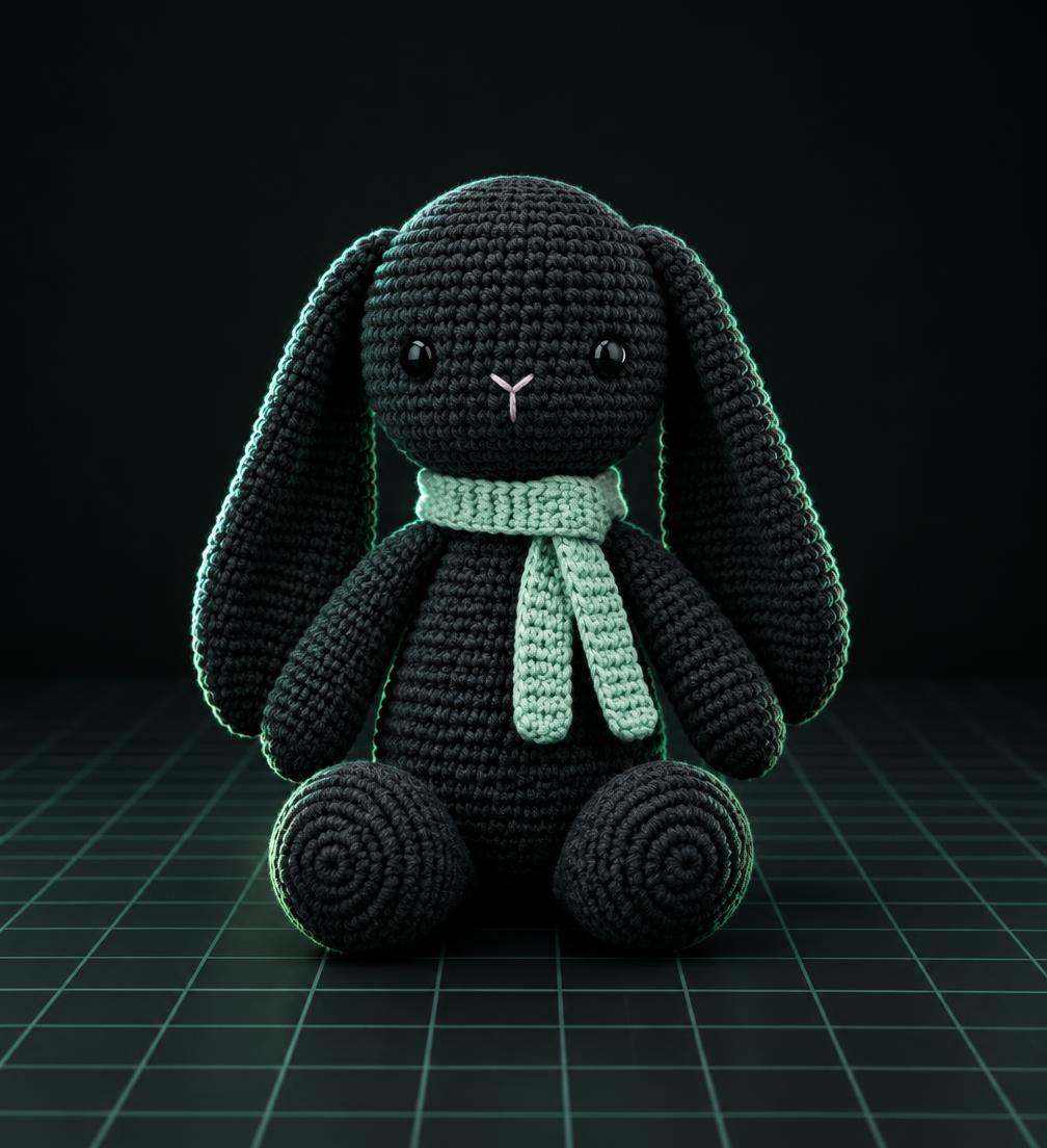 Handmade black crochet bunny with a mint scarf