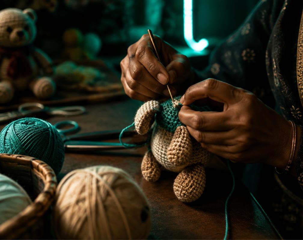 Artisan hands crocheting a small soft toy